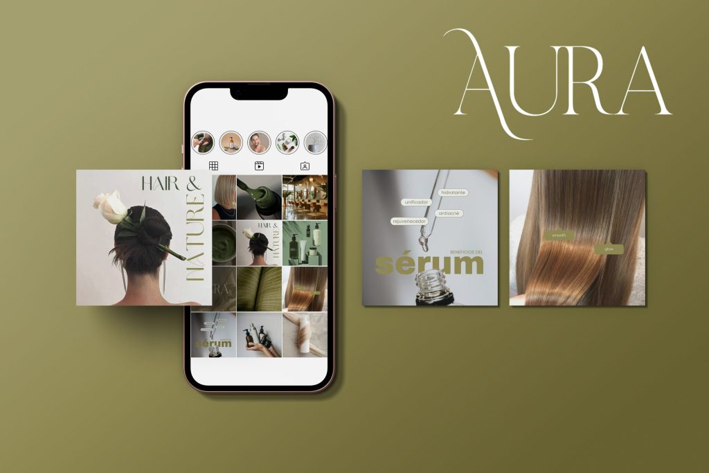 Publicaciones de Instagram diseñadas para Aura, centro de belleza orgánico, en tonos verdes que destacan tratamientos naturales y cuidados de la piel